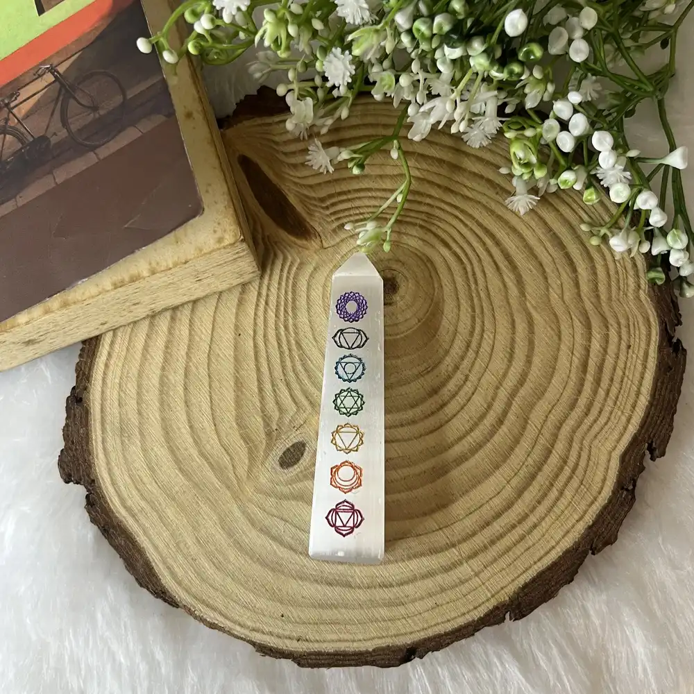 Selenite Charging Bar with 7 Chakra Symbols Engravement